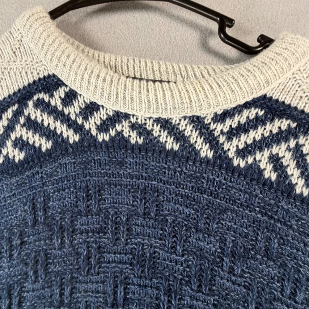 Grandpa Sweater Mens XL Cream Navy Geometric 90s Textured Knit Pullover Crewneck